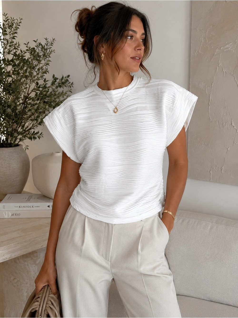 White Pleated Textured Blouse Top Size L Minimalist Chic NWOT